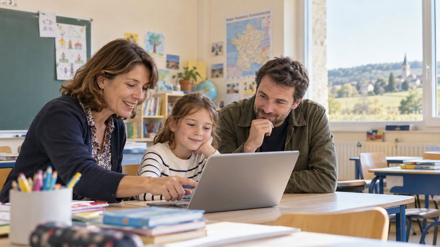 Une enseignante, une petite fille et son père devant un ordinateur portable en classe